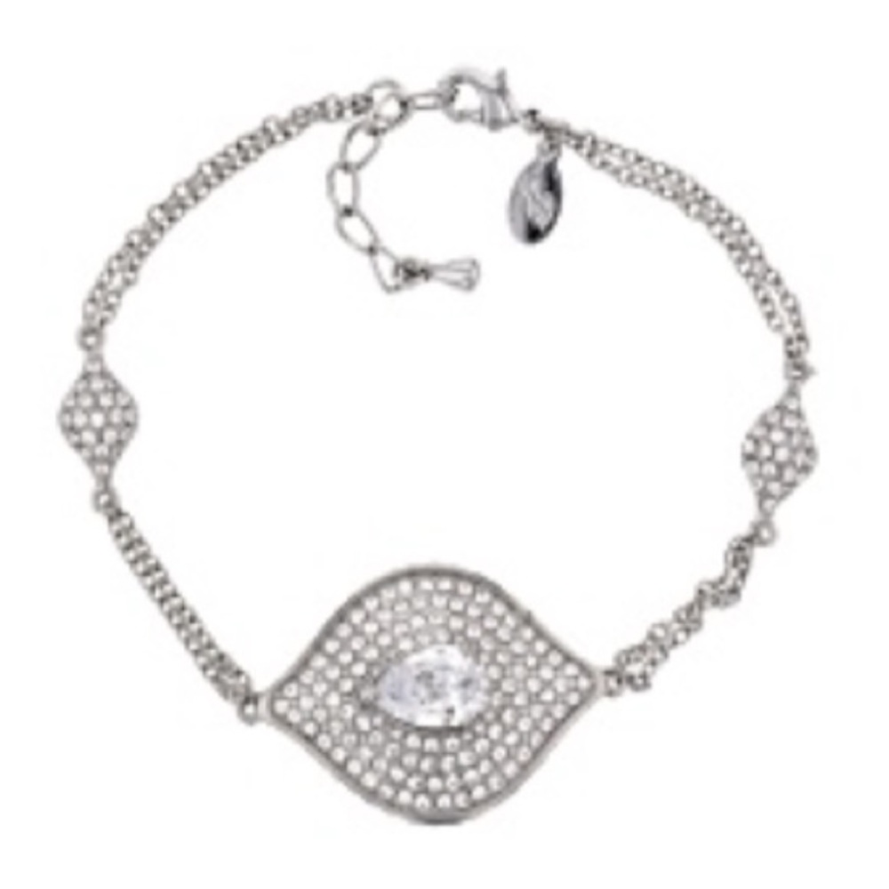 JOAN BOYCE, SILVER TONE WITH WHITE CRYSTAL EVIL EYE STATION BRACELET